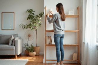 Jeune femme arrangeant une bibliothèque moderne dans un salon
