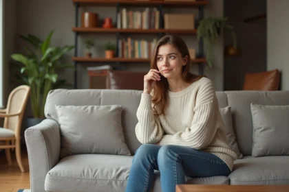 Jeune femme examinant un sofa d'occasion dans un salon cosy