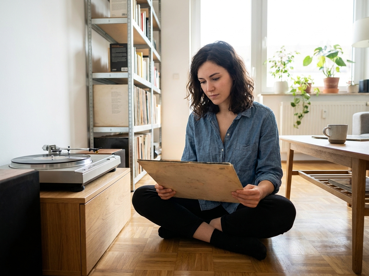 Jeune femme regardant un vinyle dans un appartement lumineux