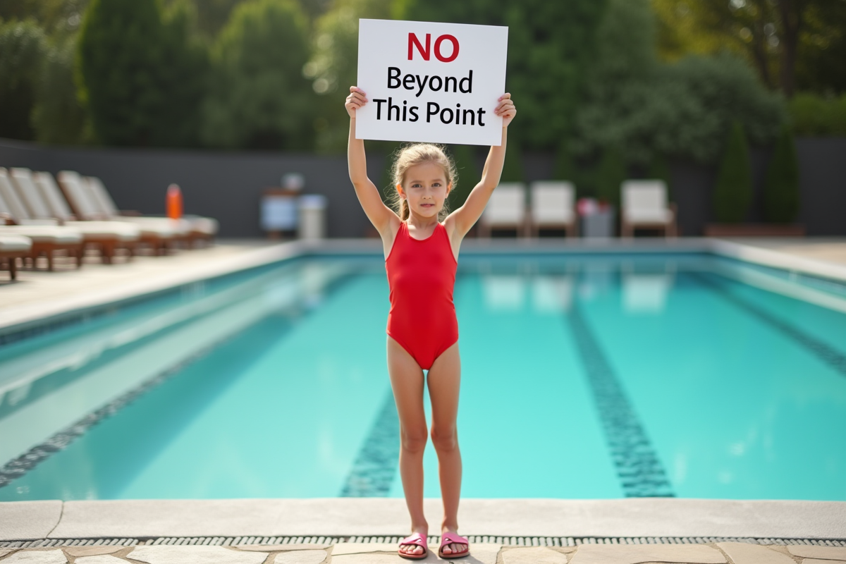 Jeune fille avec panneau interdiction de verre au bord de la piscine