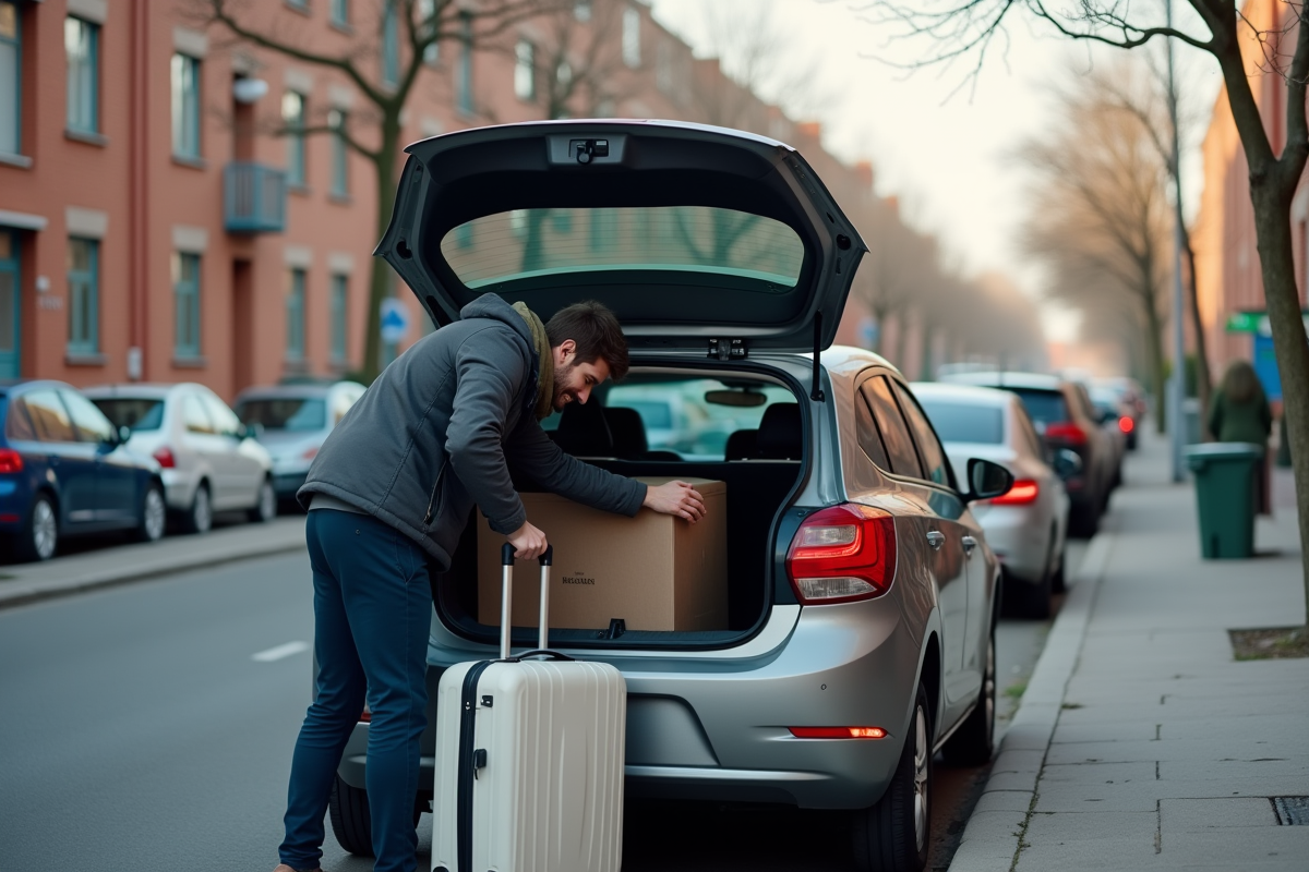 Jeune homme chargeant une valise dans une voiture compacte