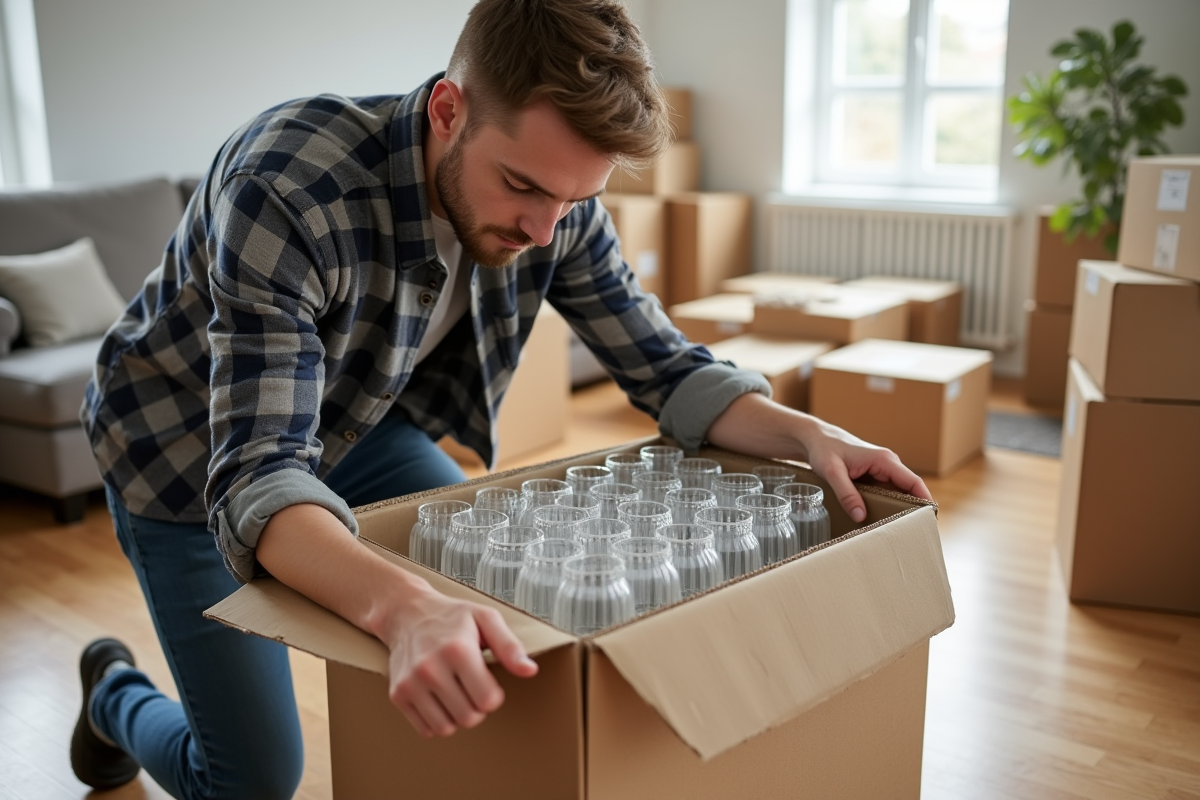 Jeune homme préparant des verres pour un déménagement