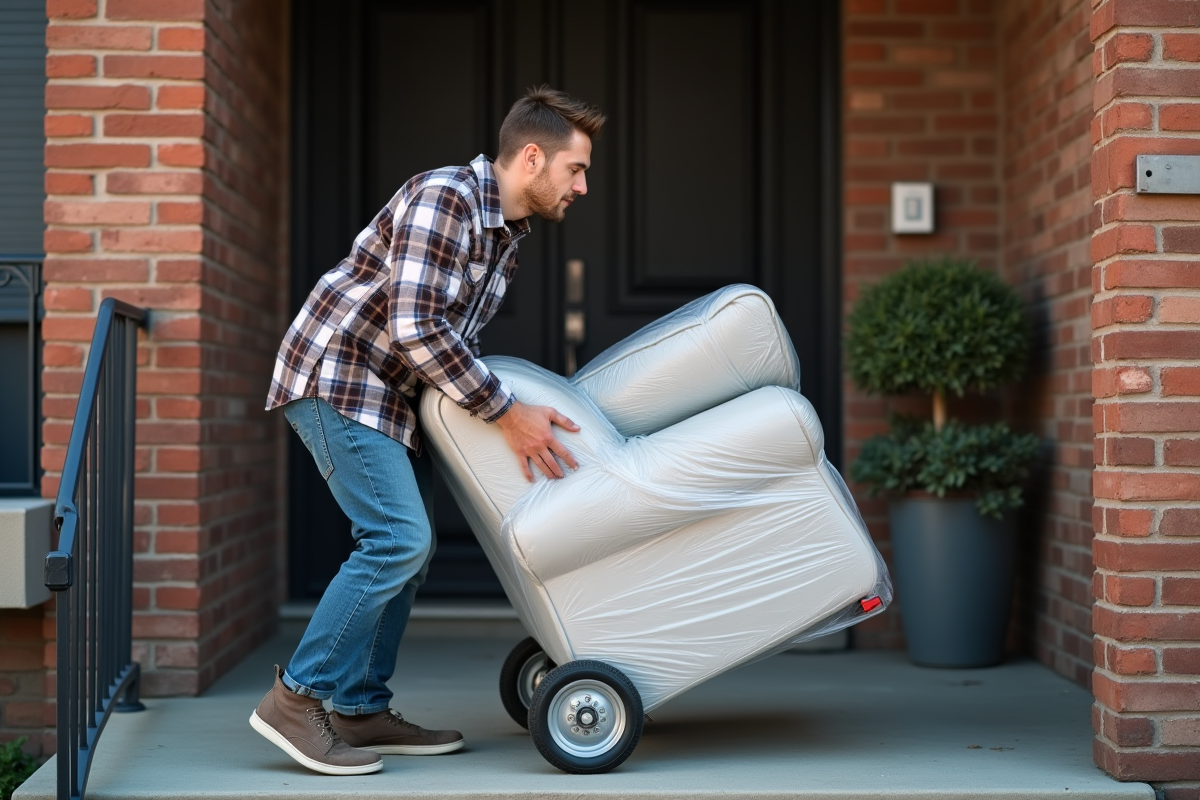 Jeune homme portant un fauteuil enroule sur un chariot
