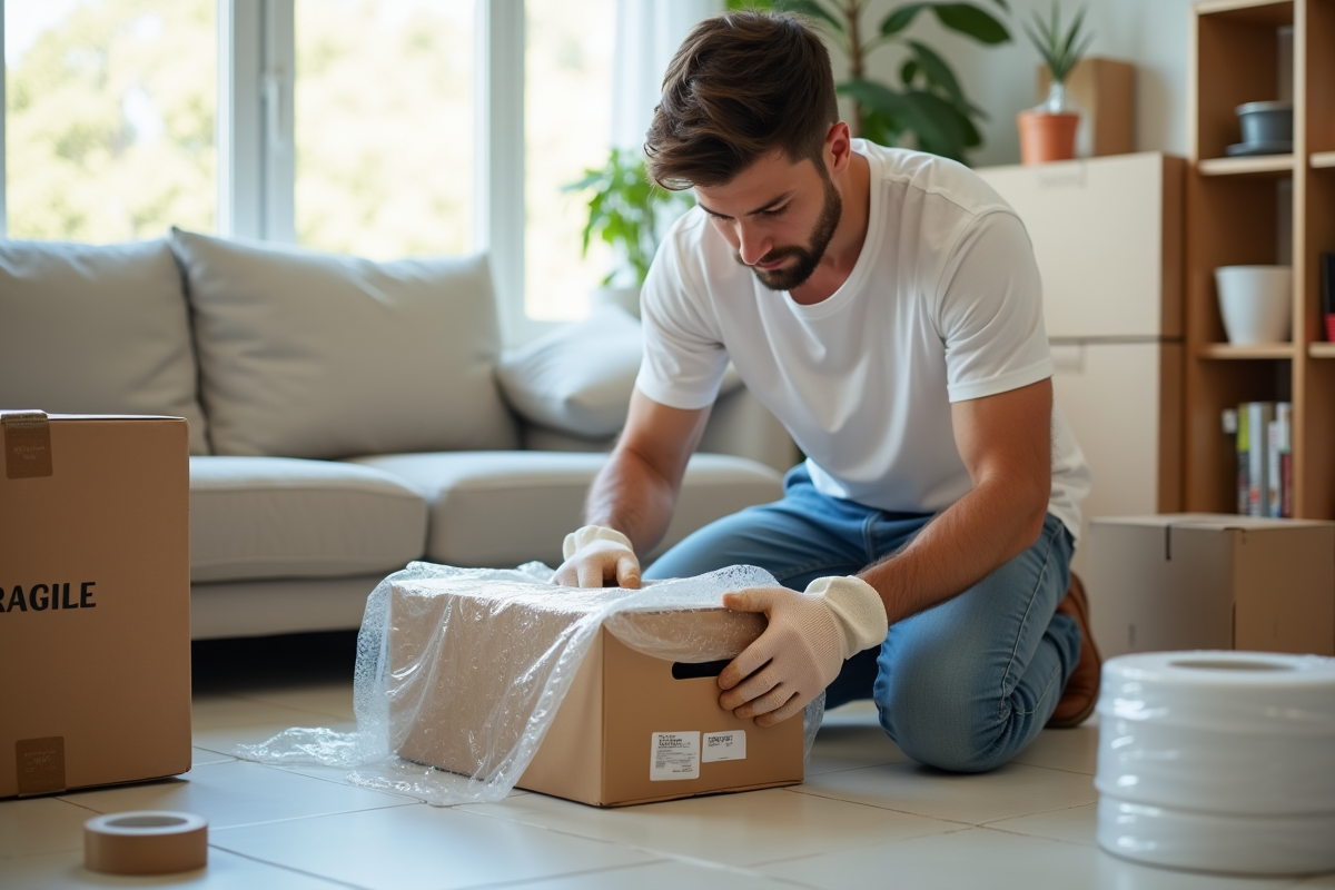 Jeune homme plaçant des fragments de verre dans une boîte fragile