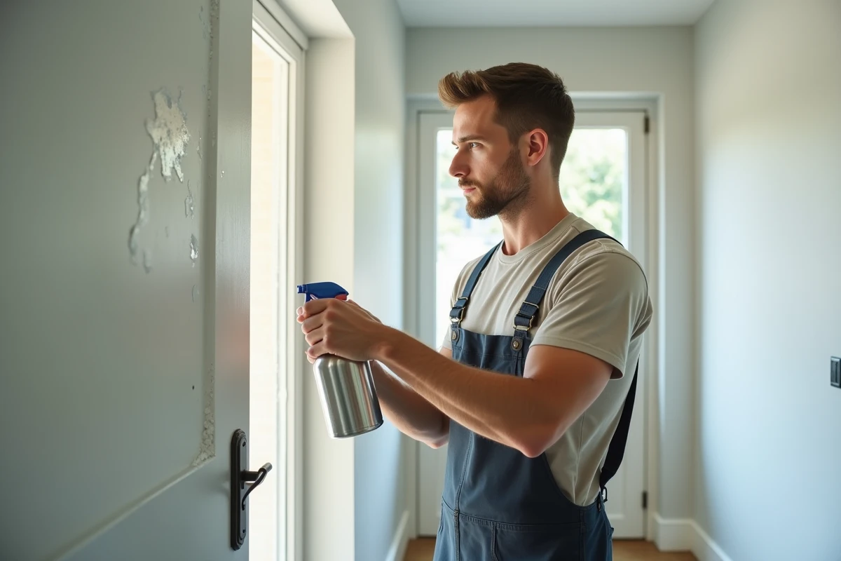 Jeune homme utilisant un spray sur une porte PVC moderne