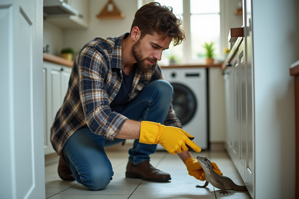 Jeune homme manipulant un nid de lézard dans une buanderie