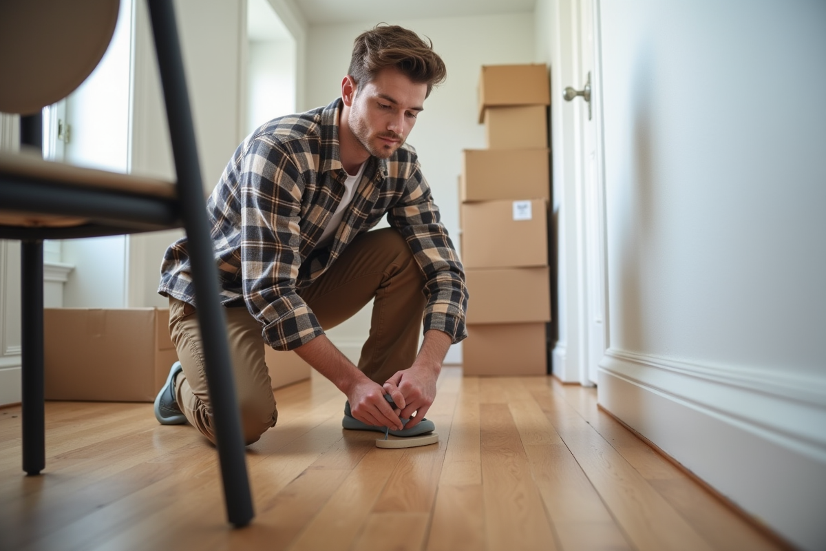 Jeune homme posant des patins en feutre sur une chaise en métal dans un couloir