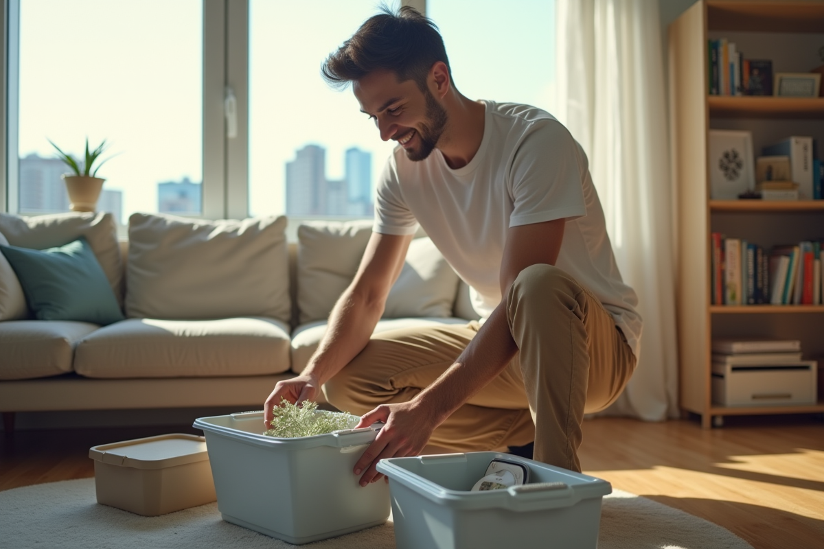 Jeune homme rangeant des objets dans des bacs de rangement