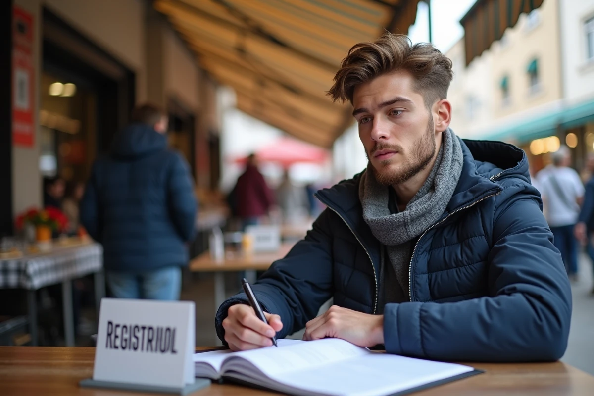 Jeune homme vérifiant des papiers au marché en extérieur