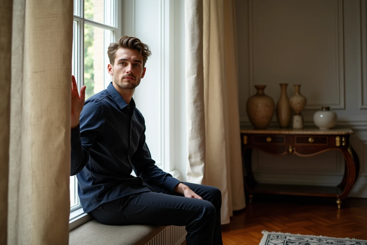 Jeune homme assis près d une fenêtre avec rideau en lin