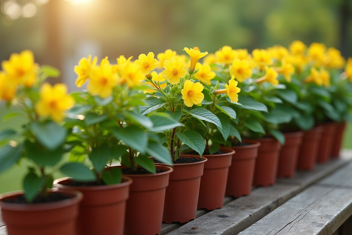 Lierres sains plantés en rangée dans des petits pots sur une table en bois
