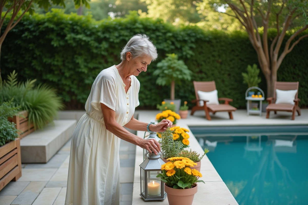 Femme arrangeant des pots colorés autour de la piscine