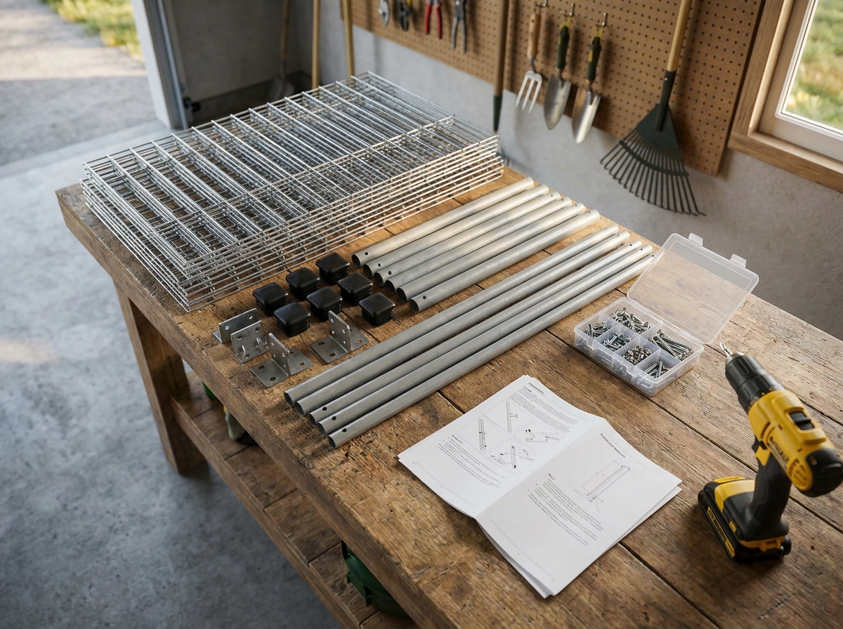 Kit complet de clôture rigide déballé sur un établi avec poteaux, panneaux en grillage et accessoires de fixation