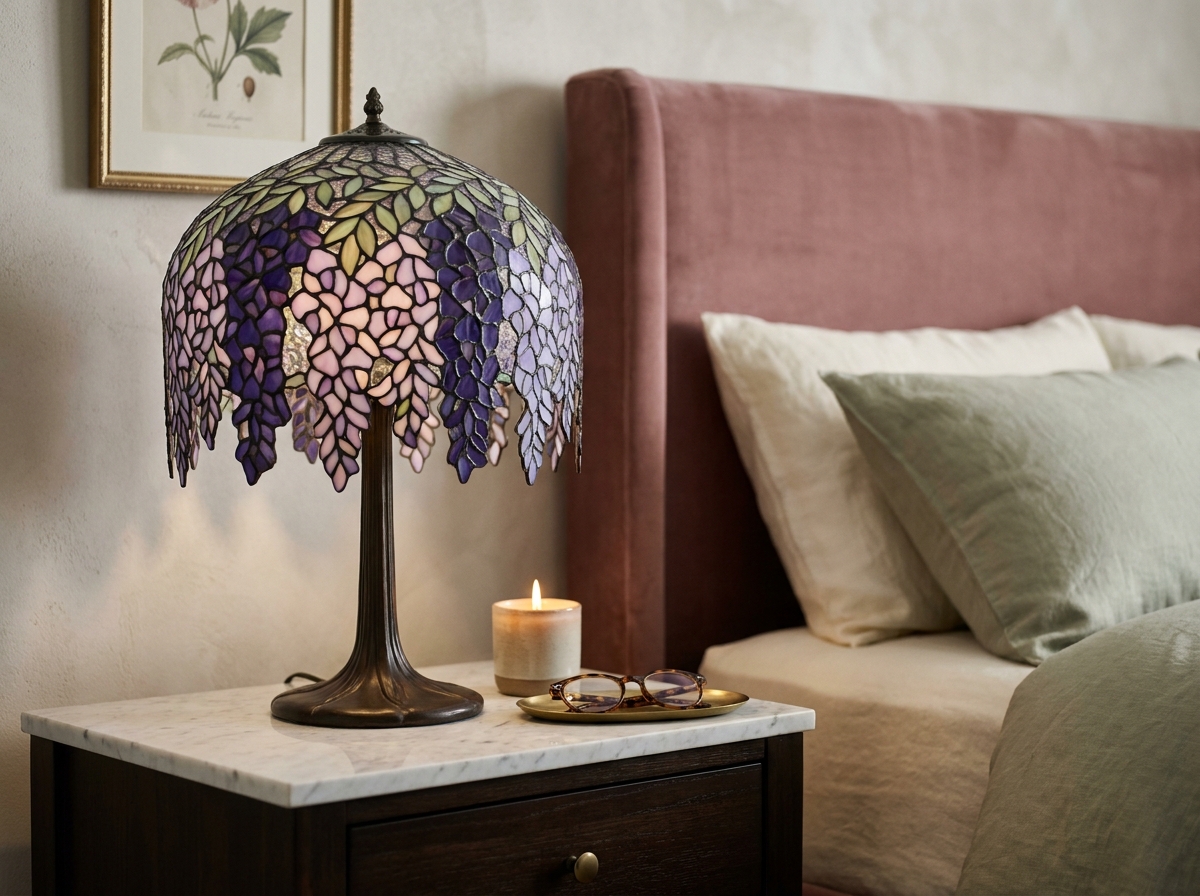 Lampe de chevet Tiffany motif glycine en vitrail violet et vert sur une table de nuit en marbre dans une chambre élégante
