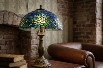 Lampe à poser Tiffany vintage avec abat-jour en vitrail bleu et ambre sur une table en acajou dans un salon cosy