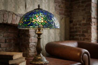 Lampe à poser Tiffany vintage avec abat-jour en vitrail bleu et ambre sur une table en acajou dans un salon cosy