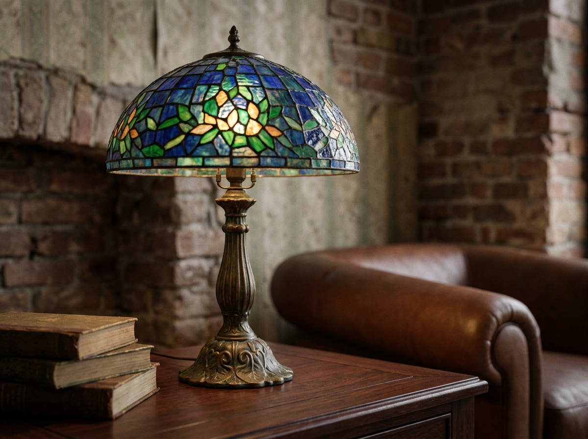 Lampe à poser Tiffany vintage avec abat-jour en vitrail bleu et ambre sur une table en acajou dans un salon cosy