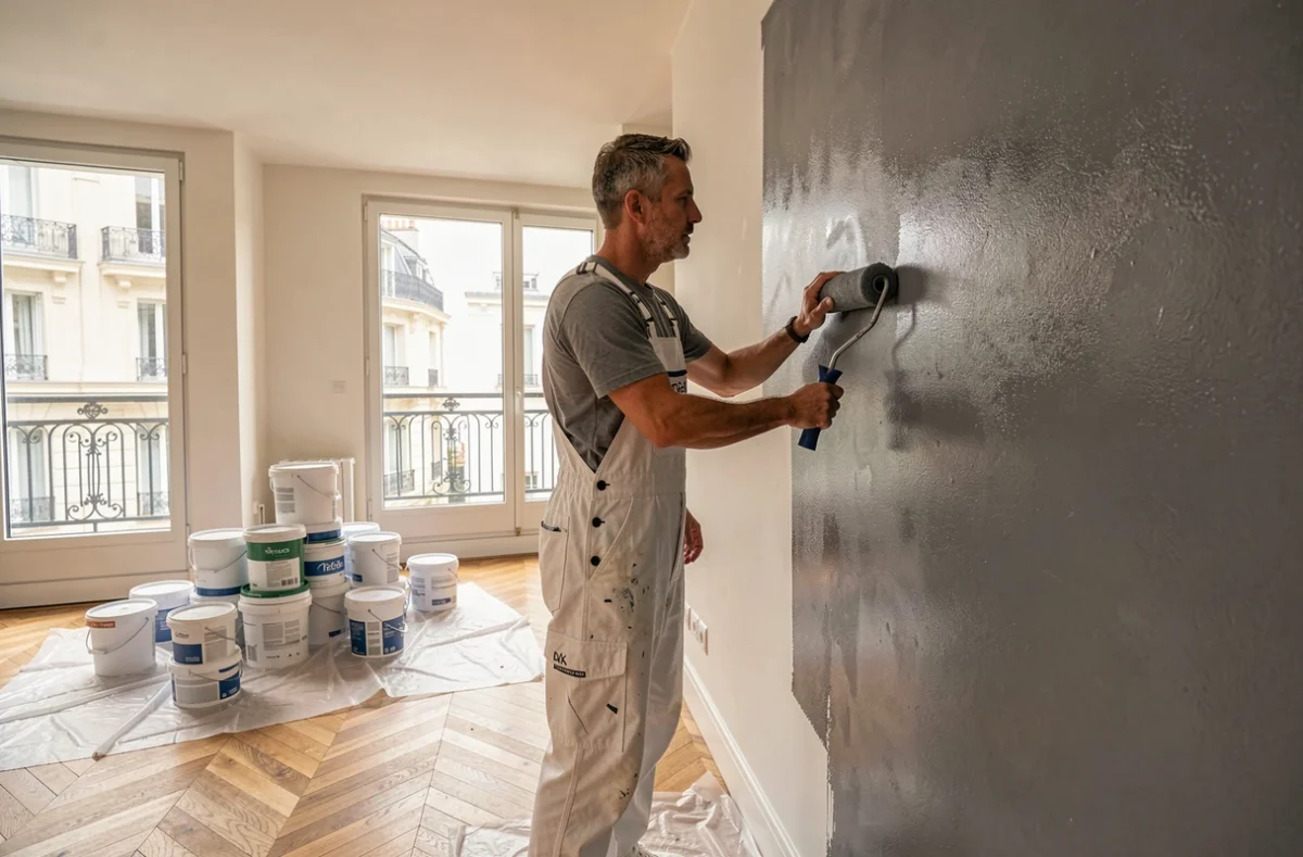 Peintre de L.B.G Peinture appliquant une couleur grise sur un mur accent dans un appartement contemporain près de Paris