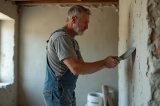 Artisan appliquant un enduit de lissage sur un mur ancien fissuré lors d'une rénovation intérieure