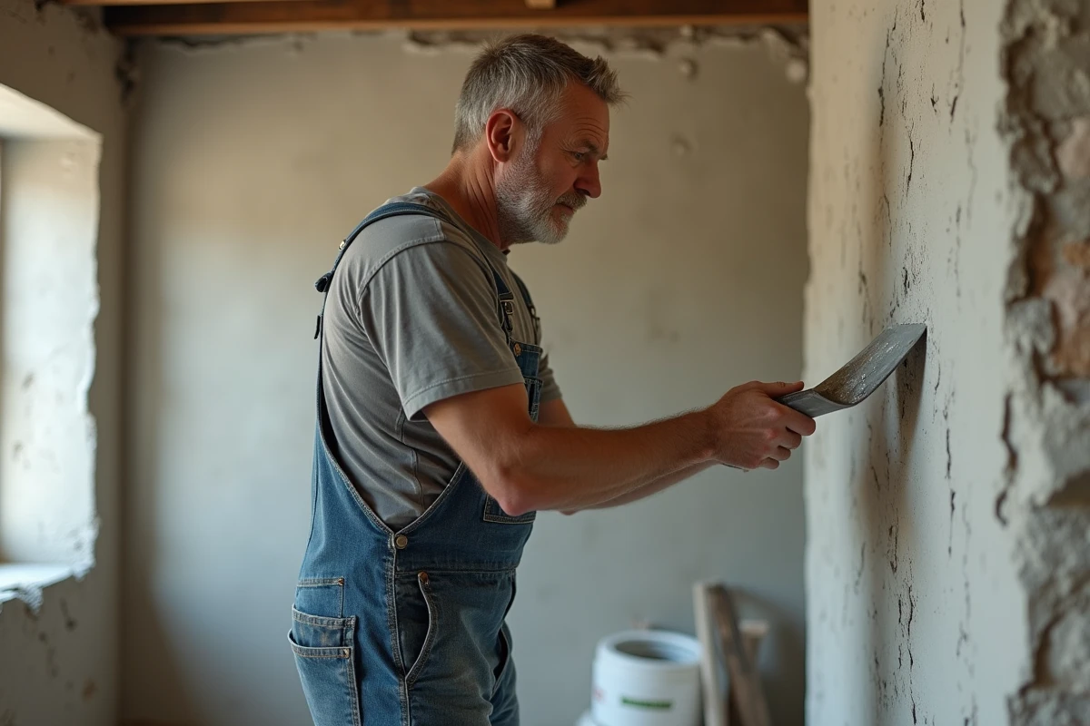 Artisan appliquant un enduit de lissage sur un mur ancien fissuré lors d'une rénovation intérieure