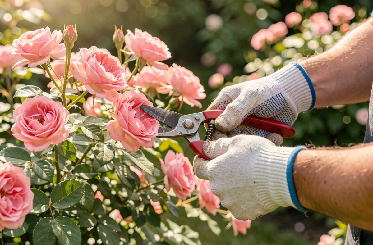 Mains gantées taillant un rosier avec un sécateur dans un jardin