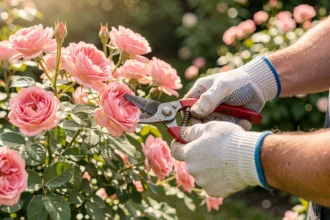 Mains gantées taillant un rosier avec un sécateur dans un jardin
