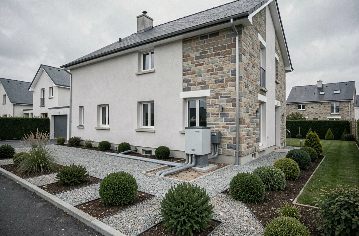 Maison individuelle avec installation de pompe à chaleur géothermique et aménagement paysager extérieur