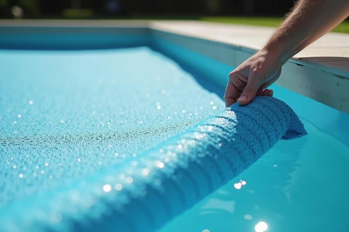 Main tirant une couverture de piscine moderne et texturée