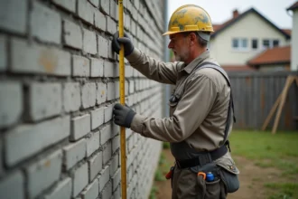 Maçon middleaged avec règle sur mur en béton