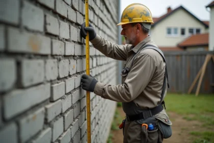 Maçon middleaged avec règle sur mur en béton