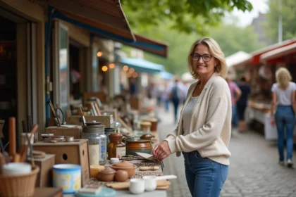 Femme d'âge moyen arrangeant des objets au marché en plein air