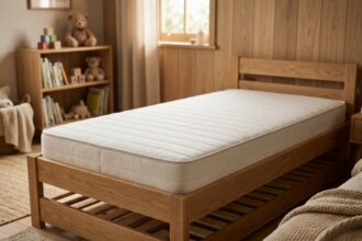 Matelas adapté à un lit cabane 80x160 cm dans une chambre d'enfant décorée en bois naturel
