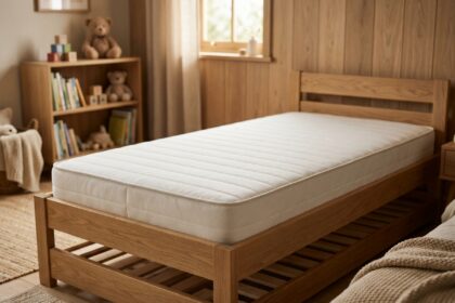 Matelas adapté à un lit cabane 80x160 cm dans une chambre d'enfant décorée en bois naturel