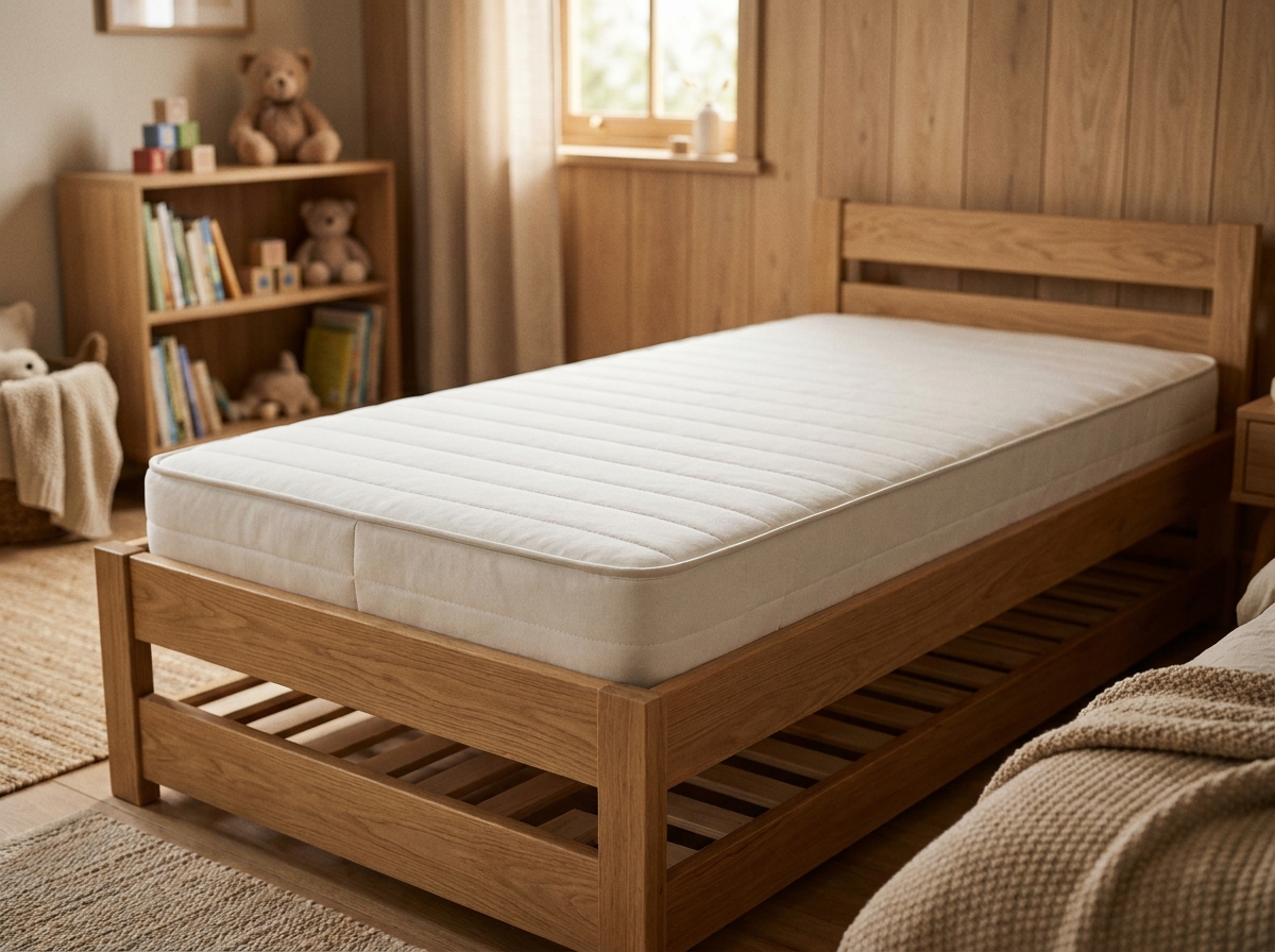 Matelas adapté à un lit cabane 80x160 cm dans une chambre d'enfant décorée en bois naturel