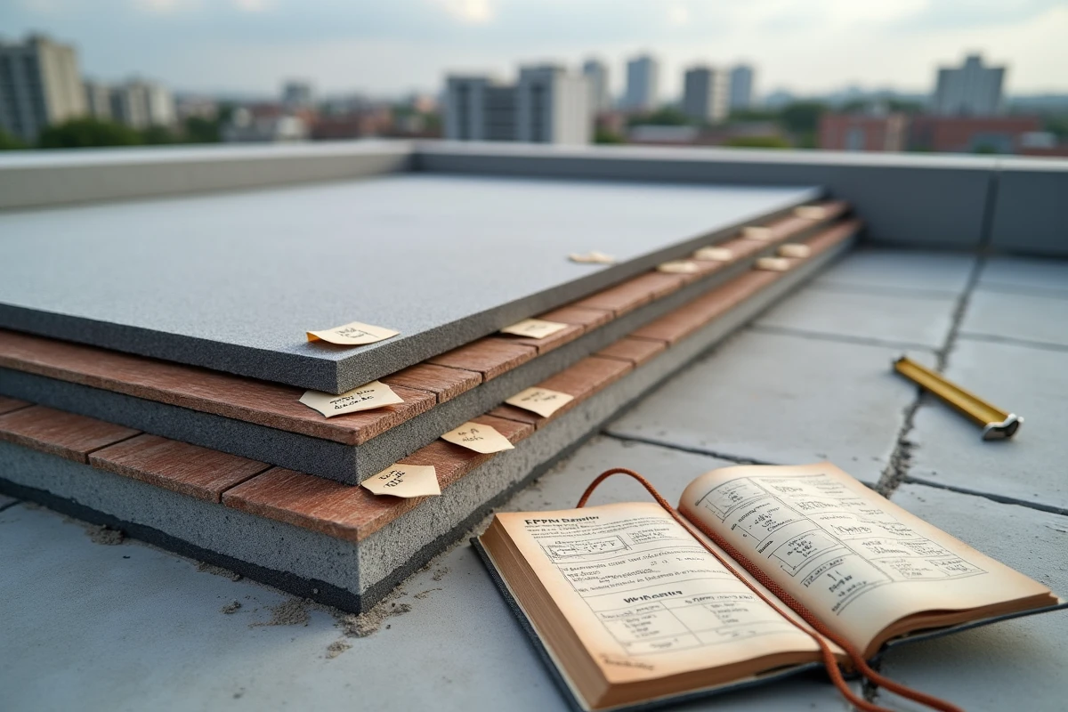 Coupe transversale des matériaux d'un toit terrasse avec membrane EPDM, isolant rigide et carrelage composite à côté d'un carnet de budget manuscrit