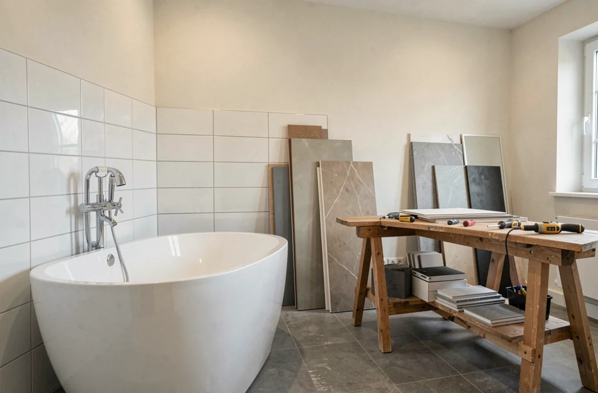 Vue d'ensemble d'une salle de bain en cours de rénovation en Moselle avec carrelage, baignoire et outils de plomberie professionnels