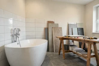 Vue d'ensemble d'une salle de bain en cours de rénovation en Moselle avec carrelage, baignoire et outils de plomberie professionnels