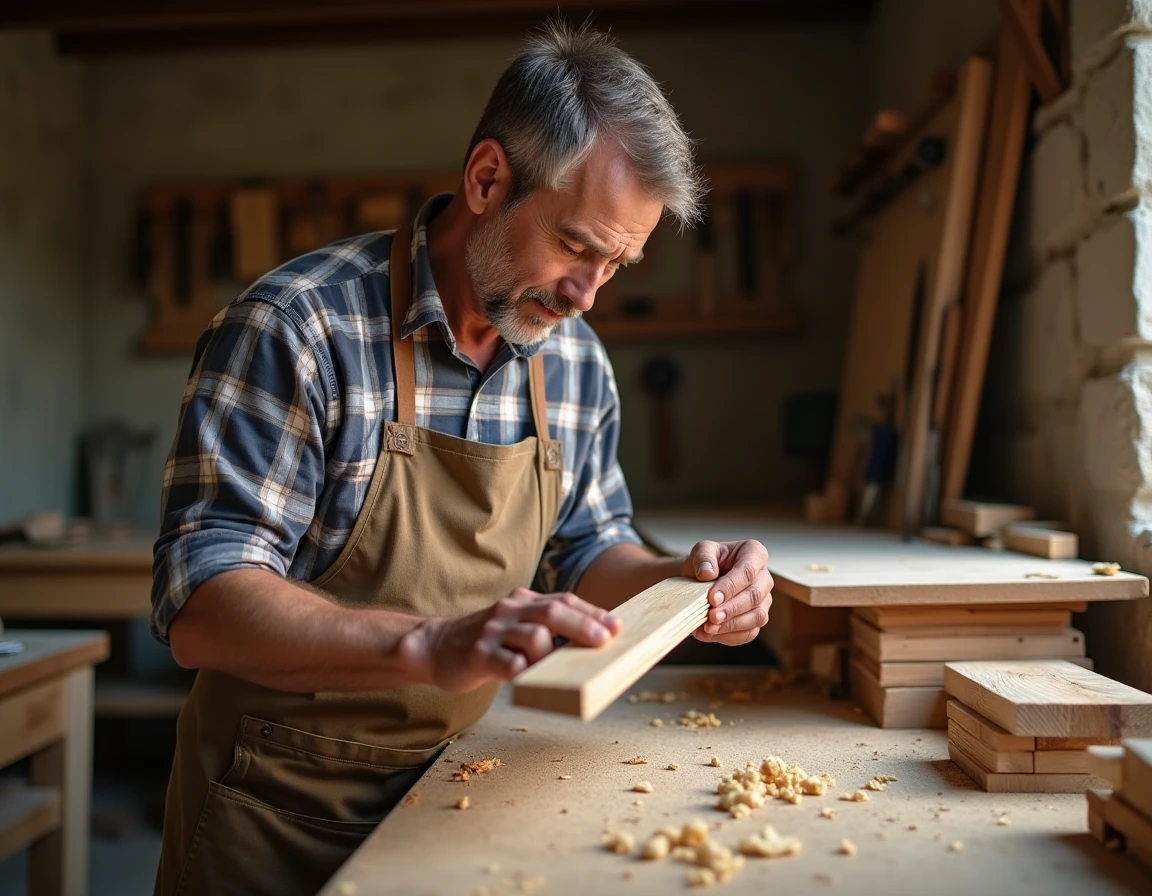 Artisan menuisier inspectant une planche de chêne européen dans un atelier de menuiserie traditionnel