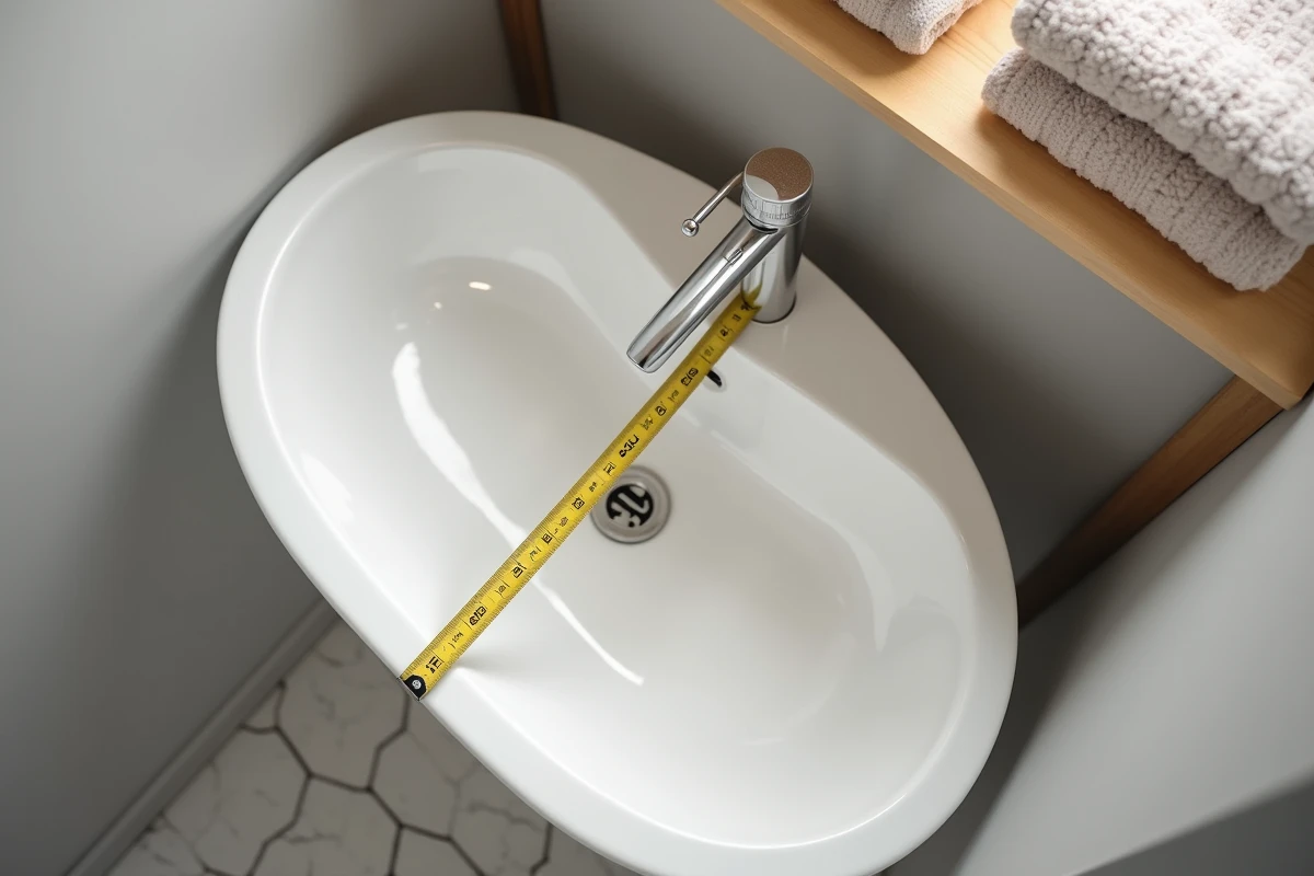 Ruban de mesure posé sur une vasque ovale pour illustrer le calcul de la largeur minimale confortable d'une vasque de salle de bain