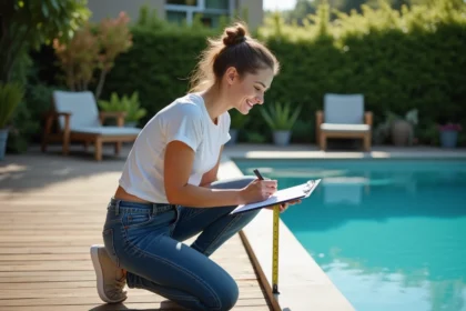 Femme mesurant une piscine dans son jardin avec un ruban