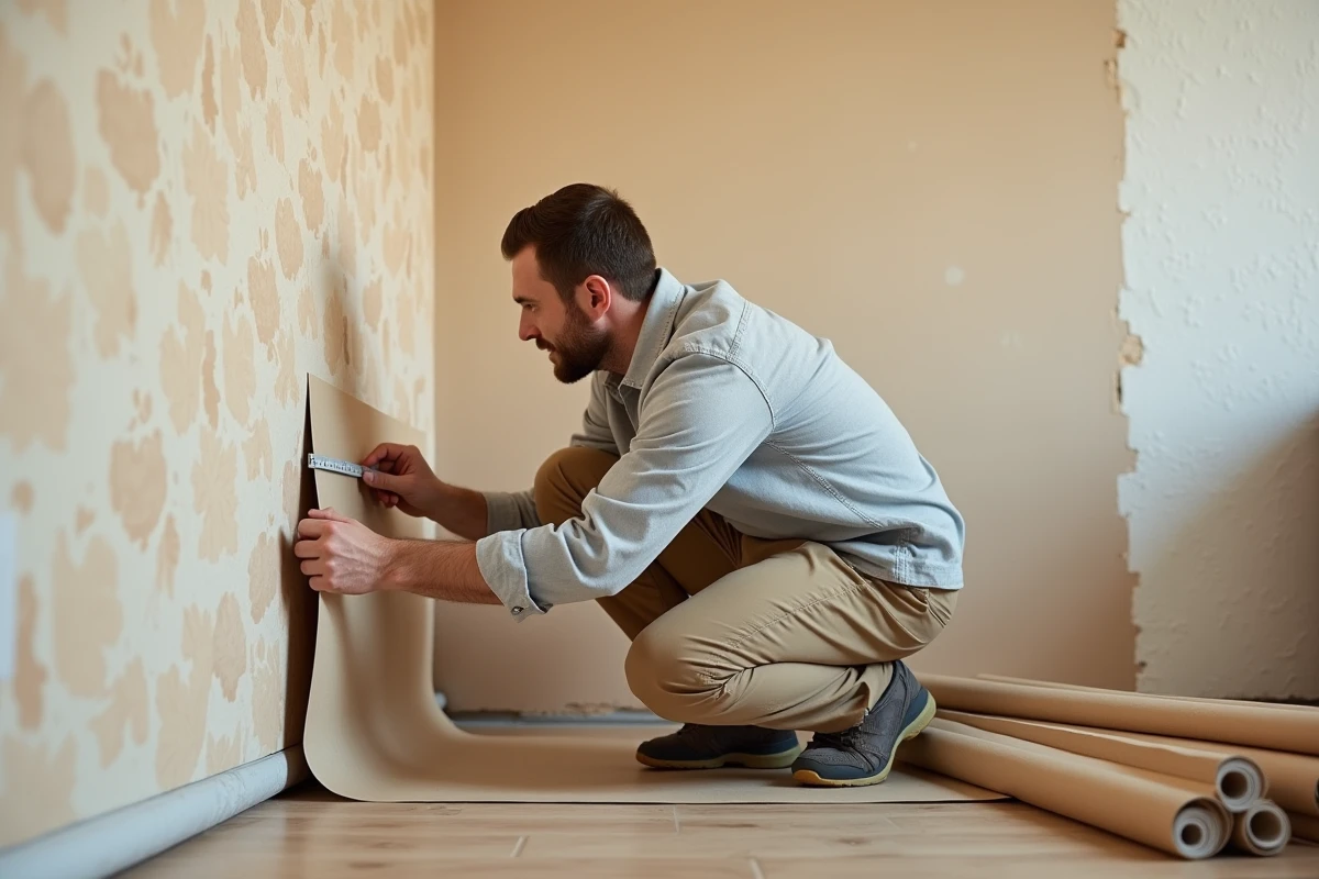 Homme mesurant un rouleau de papier peint dans un salon en cours de rénovation