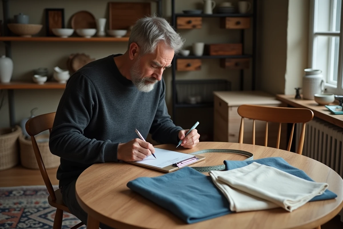 Homme prenant les mesures d'une table ronde en bois pour commander une nappe en tissu coton enduit sur mesure dans une salle à manger