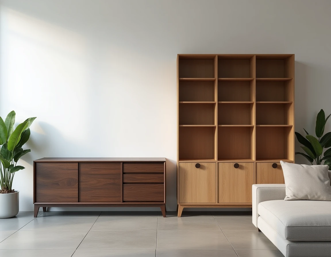 Salon moderne avec meuble en bois exotique wengé et bibliothèque en chêne européen pour comparaison esthétique