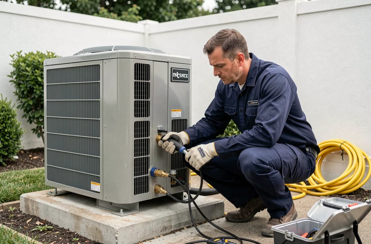 Technicien en train de connecter des outils de diagnostic sur une pompe à chaleur air-air extérieure lors de sa mise en service