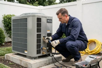 Technicien en train de connecter des outils de diagnostic sur une pompe à chaleur air-air extérieure lors de sa mise en service