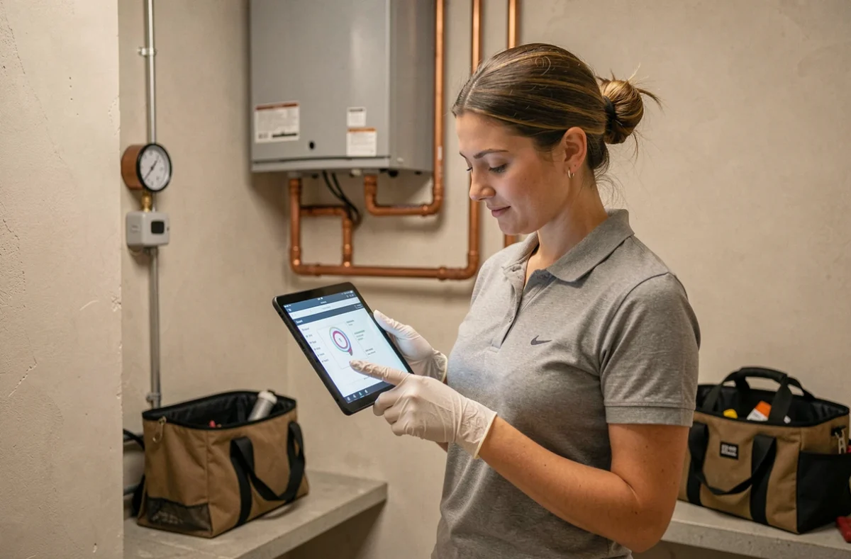 Ingénieure consultant une tablette lors de la mise en service d'une pompe à chaleur murale en salle technique
