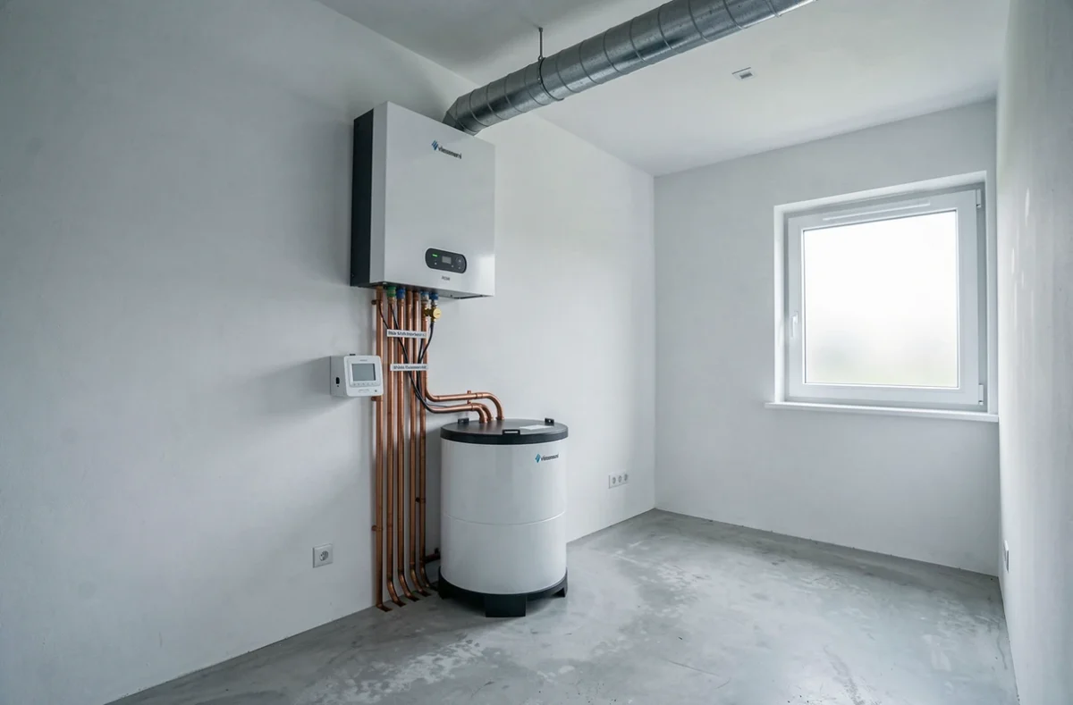 Module intérieur de la pompe à chaleur Viessmann Vitocal 100 dans une chaufferie moderne de maison individuelle