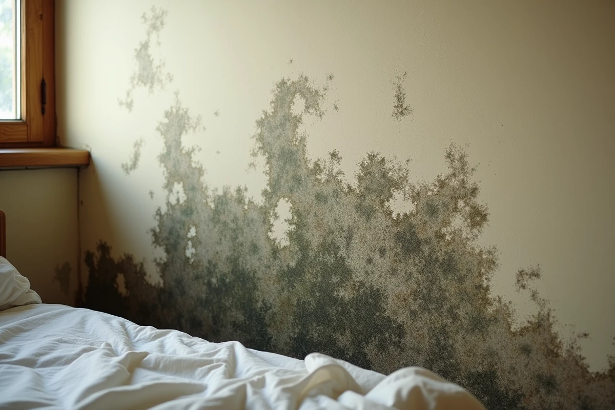 Moisissures noires et vertes sur le mur d'une chambre à coucher près de la plinthe, signe d'humidité et de risques pour la santé