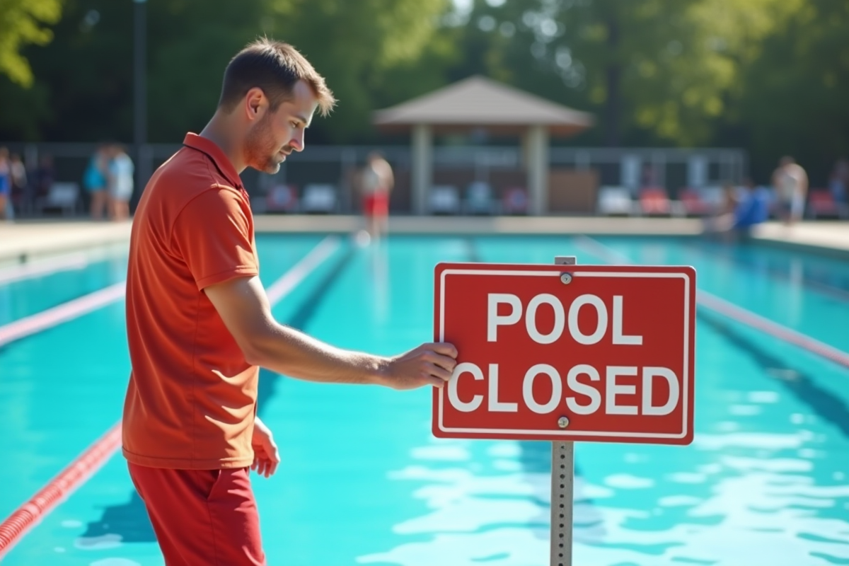 Moniteur posant panneau piscine fermée en après-midi