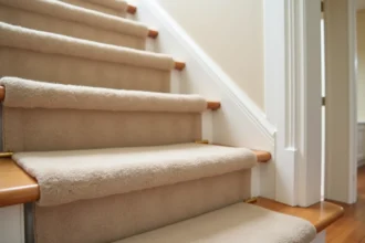 Gros plan sur une moquette beige en laine installée sur un escalier moderne avec tringles dorées, texture douce et moelleuse bien visible
